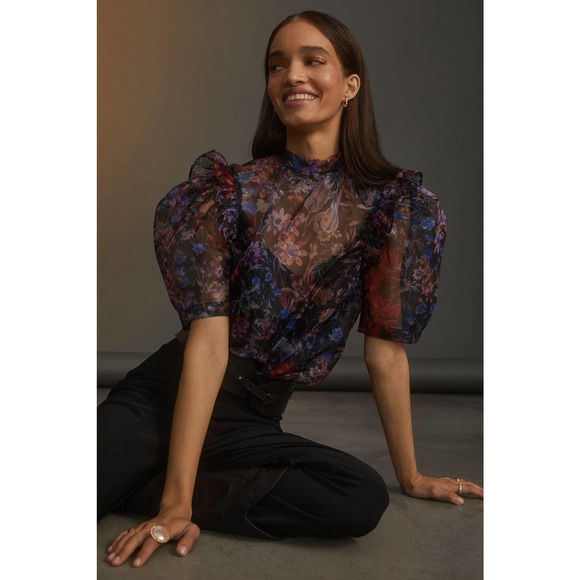 Anthropologie Tops - New Anthropologie Maeve Puff-Sleeved Organza Blouse $98 SMALL Black Motif